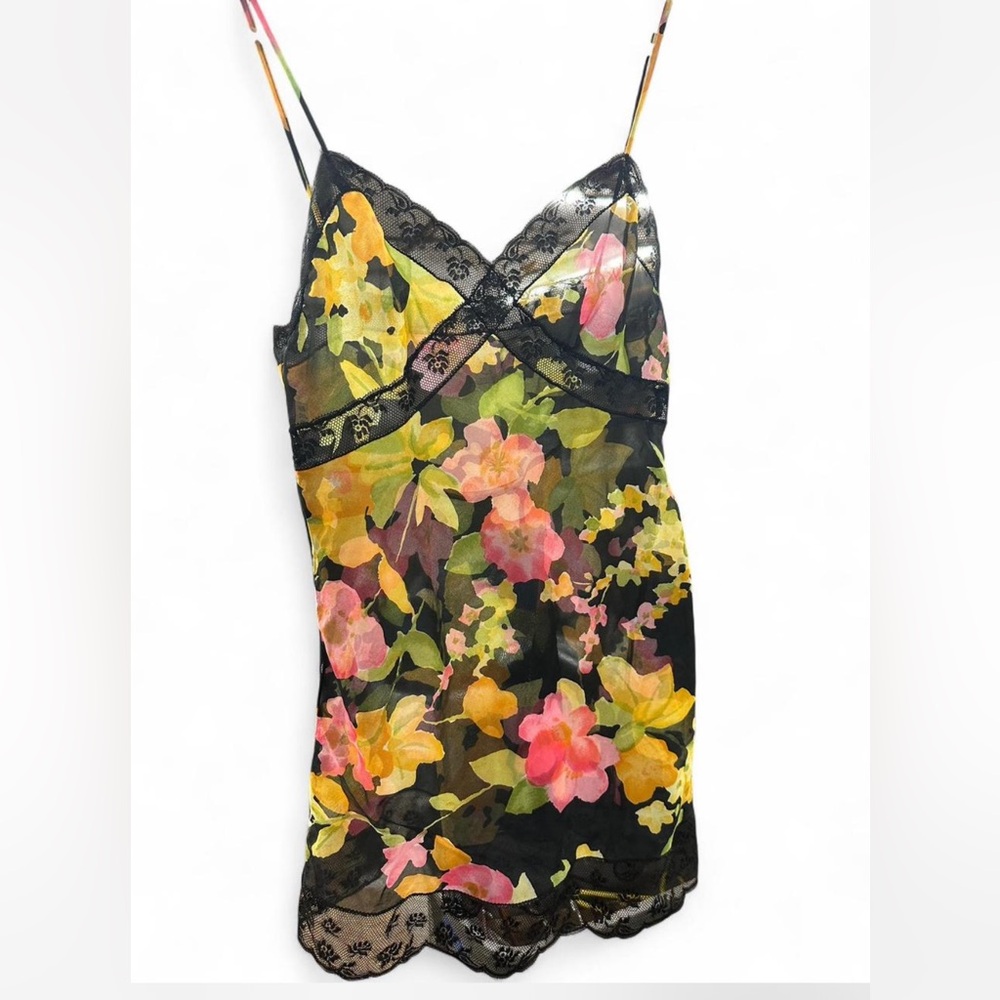 Chevette vintage 60s black floral lace trim sheer slip dress negligee